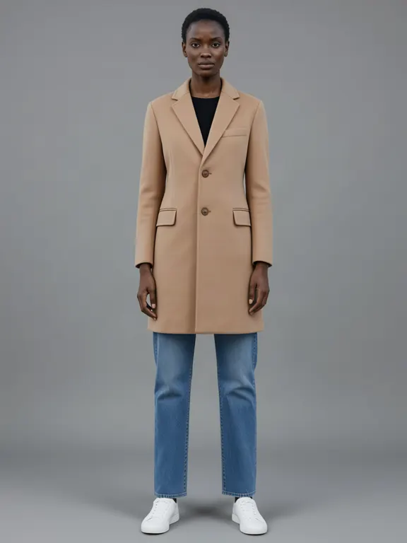 The first generated woman wearing a camel wool overcoat.