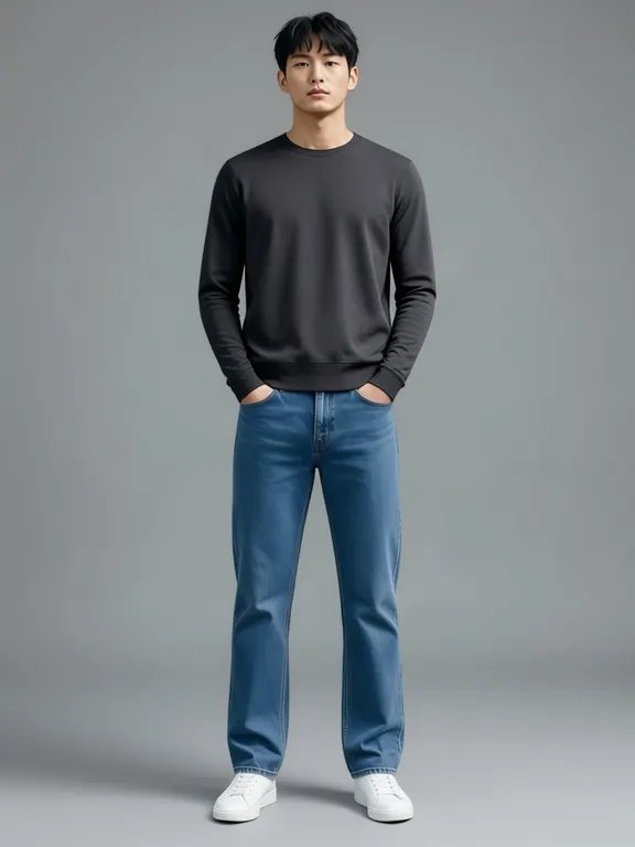 The generated man, hands in his pockets, wearing a charcoal grey crew neck sweatshirt.