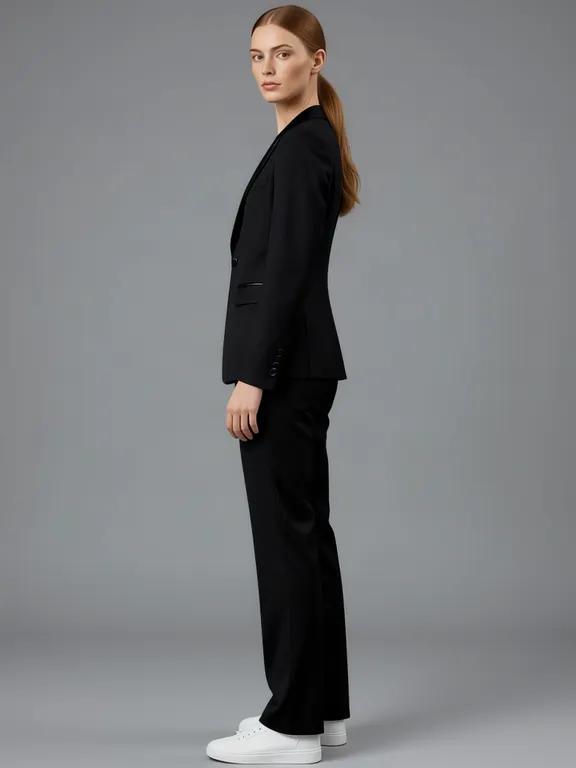 The second generated woman, turned to one side, wearing a black tuxedo suit.