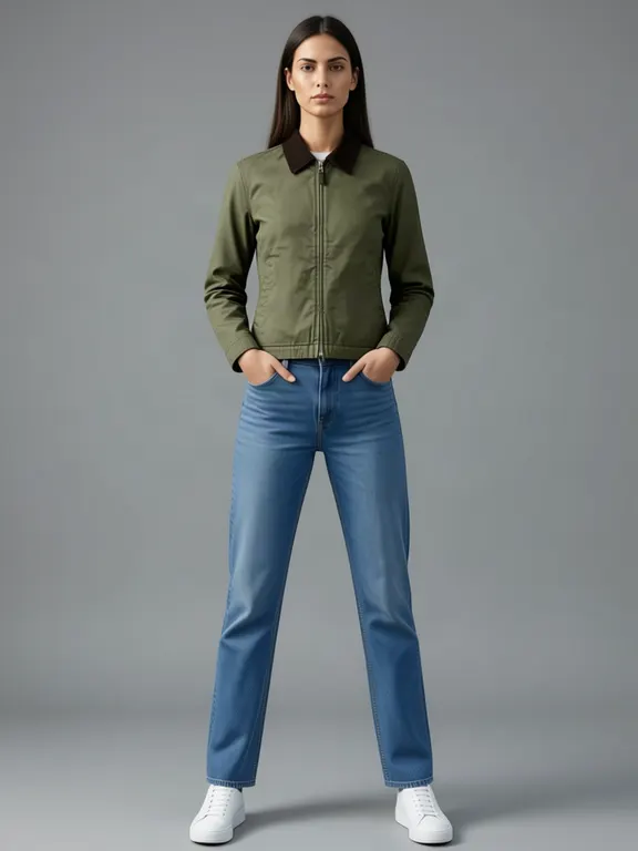 The third generated woman, hands in her pockets, wearing a green waxed cotton jacket.