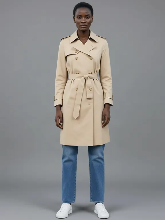 The first generated woman wearing a beige belted trench coat.
