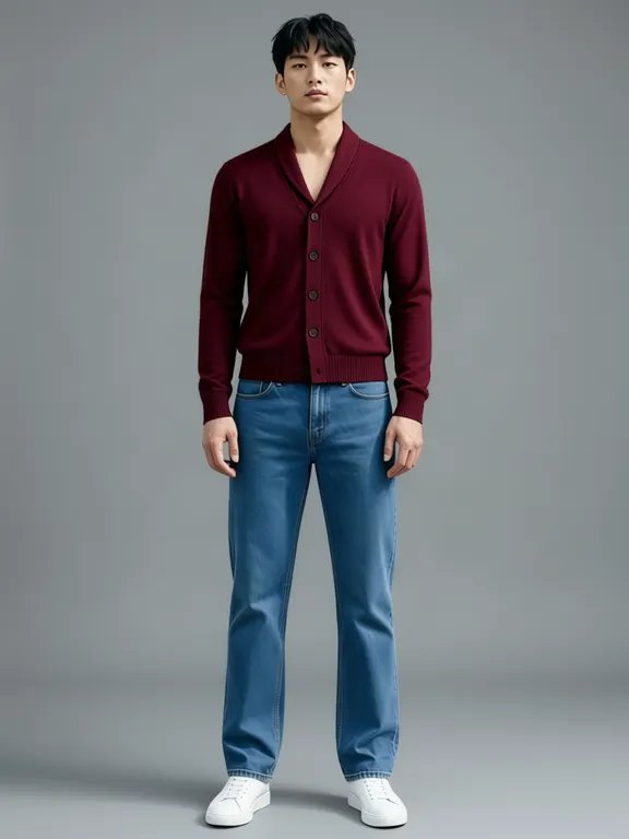 The generated man wearing a burgundy shawl collar cardigan.