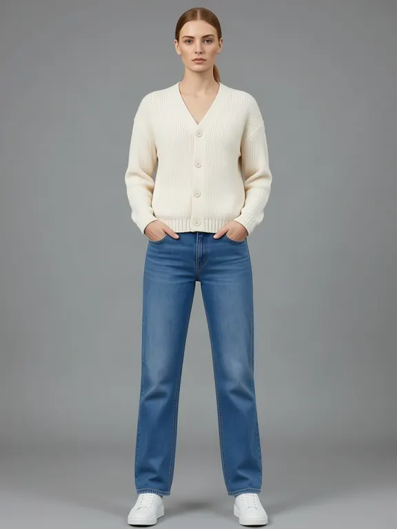 The second generated woman, hands in her pockets, wearing a cream chunky knit cardigan.