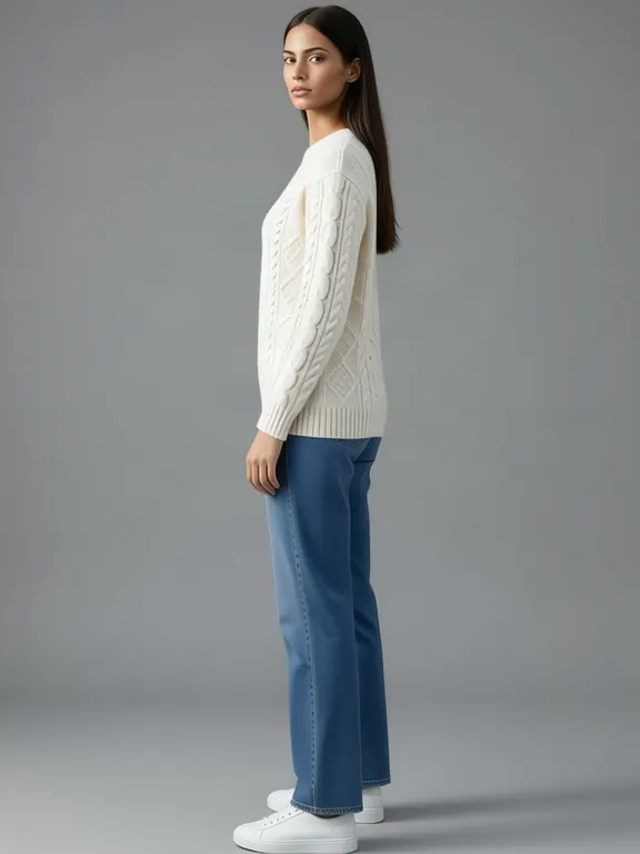 The third generated woman, turned to one side, wearing a cream cable knit jumper.