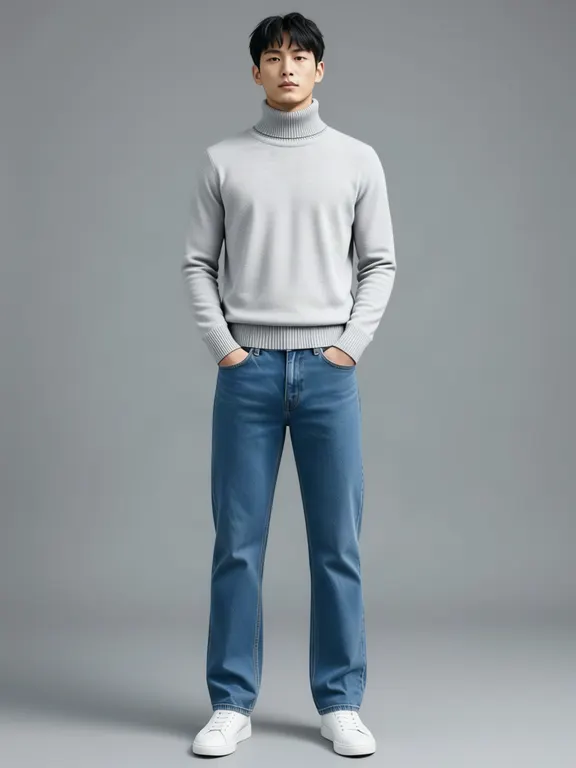 The generated man, hands in his pockets, wearing a grey wool turtleneck.