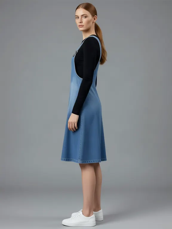 The second generated woman, turned to one side, wearing a denim pinafore dress.