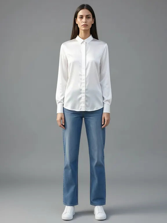 The third generated woman wearing a white silk blouse.