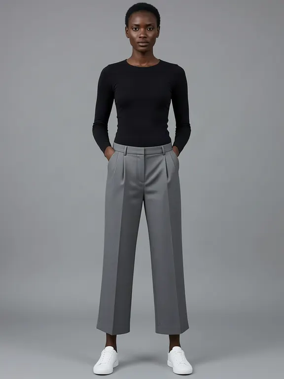 The first generated woman, hands in her pockets, wearing grey wide leg wool trousers.