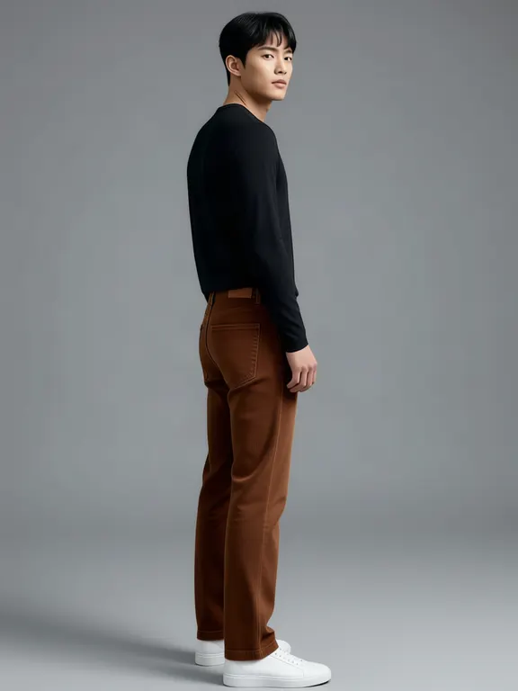 The generated man, turned to one side, wearing brown corduroy trousers.