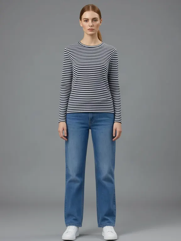 The second generated woman wearing a navy and white striped long sleeve top.