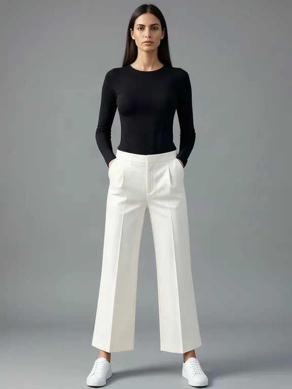 The third generated woman, hands in her pockets, wearing cream wide leg linen trousers.