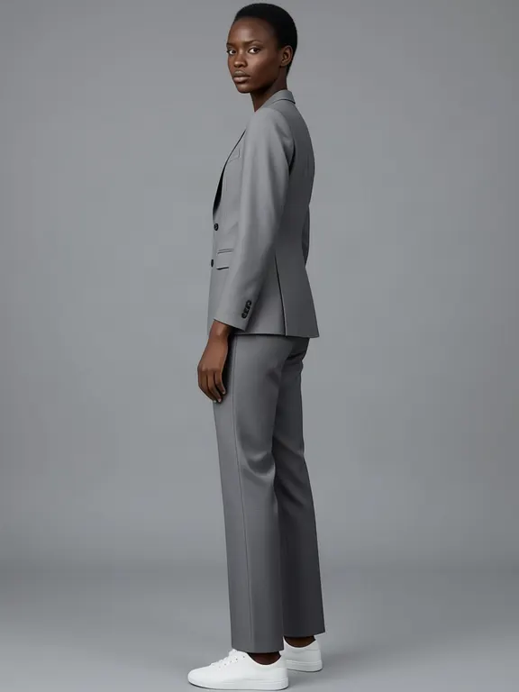 The first generated woman, turned to one side, wearing a grey wool suit.